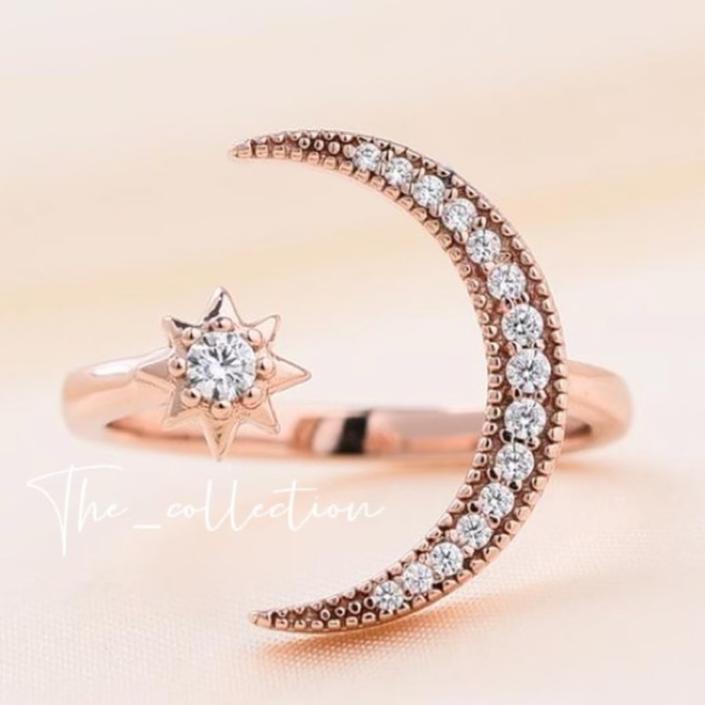 ROSE G CRESCENT MOON&STAR RING IN STERLING SILVER